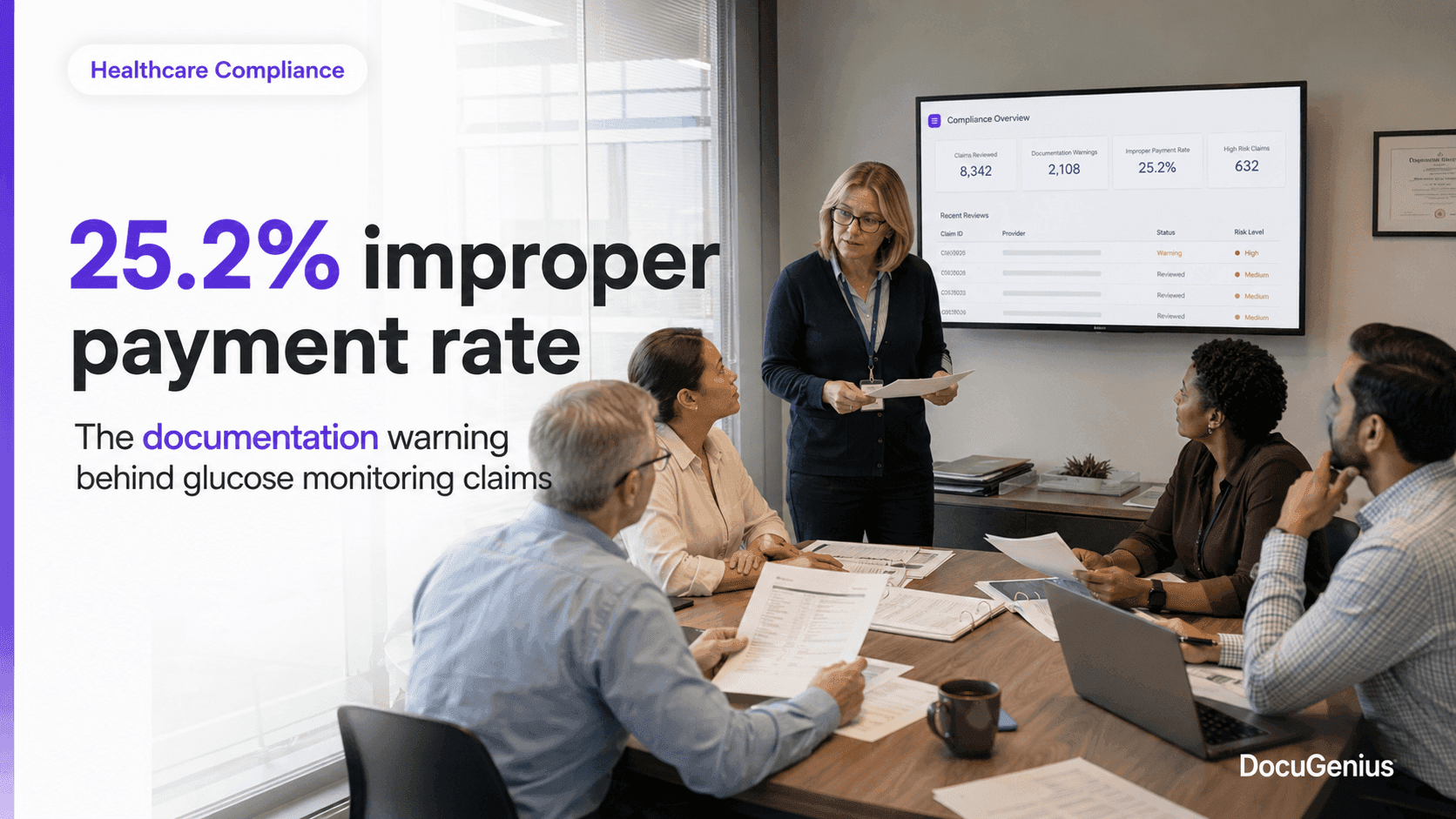 Healthcare compliance team reviewing glucose monitoring claims following the CMS alert on a 25.2% improper payment rate.