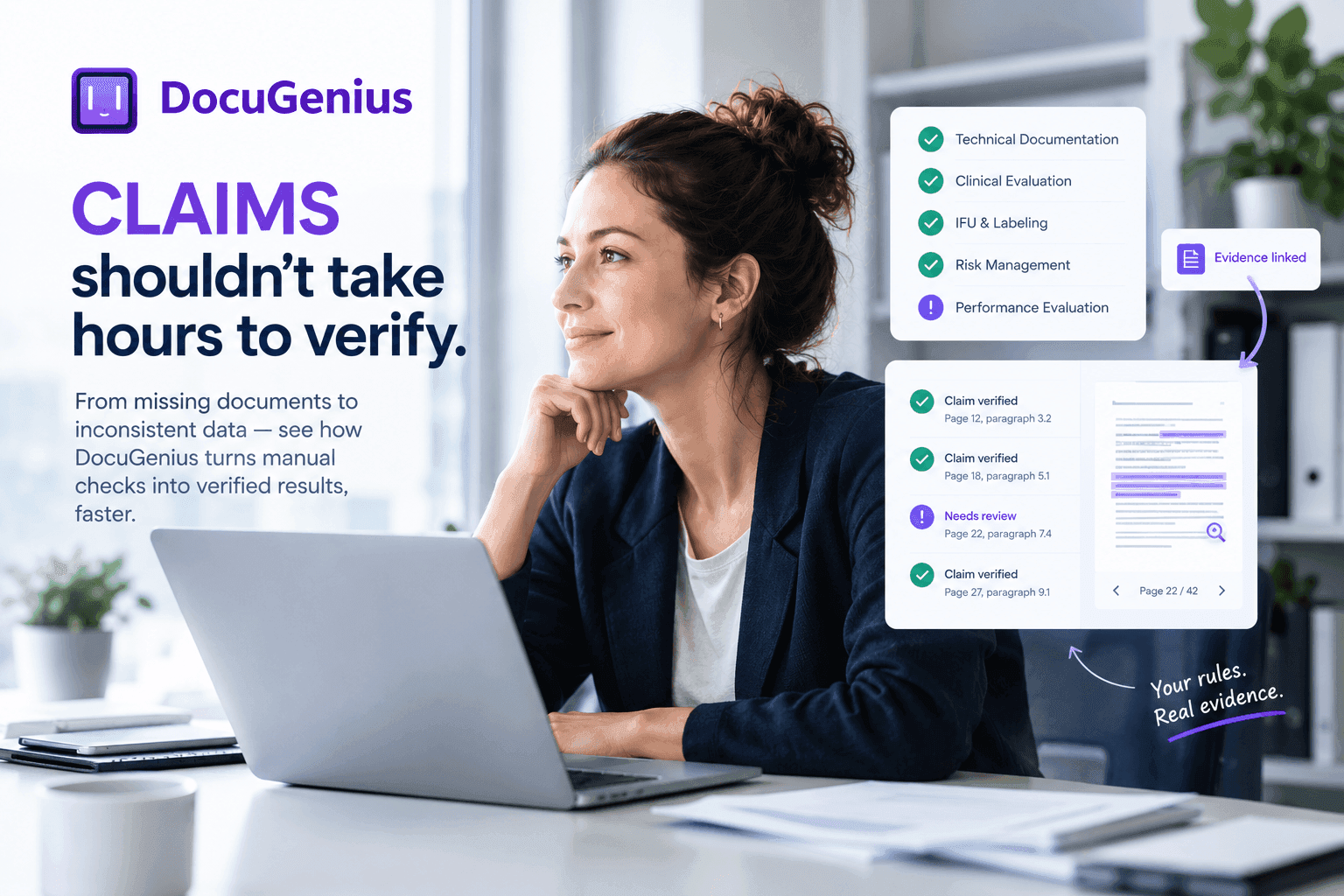 Medical device claims verification with evidence-linked regulatory document review